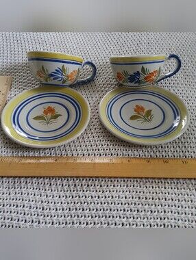Vintage  Made in France Henriot Quimper Hand-Painted 2 Teacups and Saucers